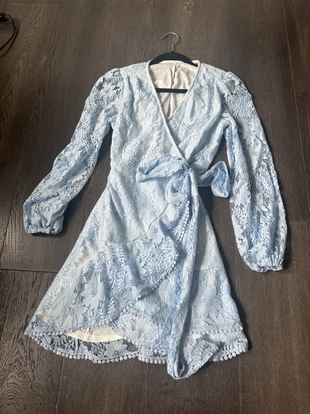 Light Blue Lace Wrap Mini Dress with Tie Waist